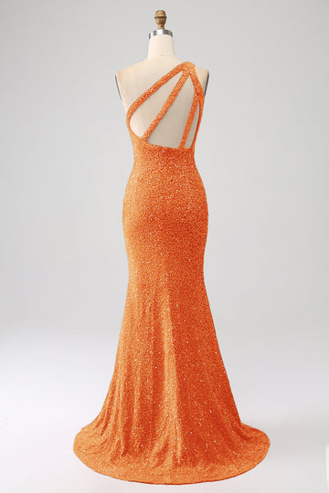 Scintillante Orange Sirena Una spalla Paillettes Abito da ballo con fessura